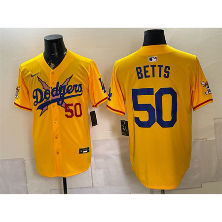 Youth Los Angeles Dodgers x One Piece #50 Mookie Betts Yellow Vapor Premier Limited Baseball Jersey