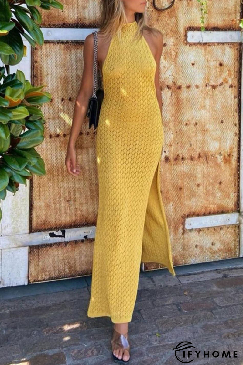 Sexy Solid Color Lace Up Backless Slit Halter Beach Dresses(3 Colors) | IFYHOME