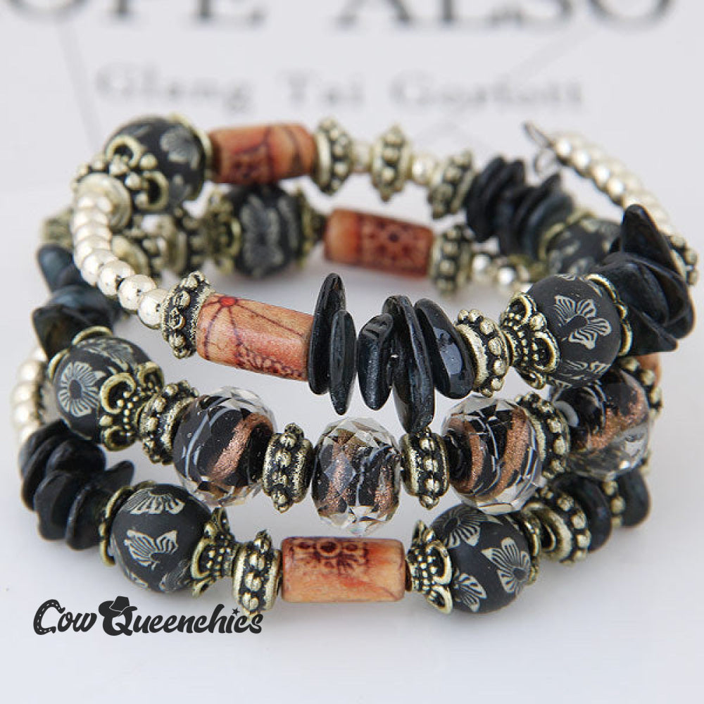 Bohemian Shell Clay Bracelet Black / one size