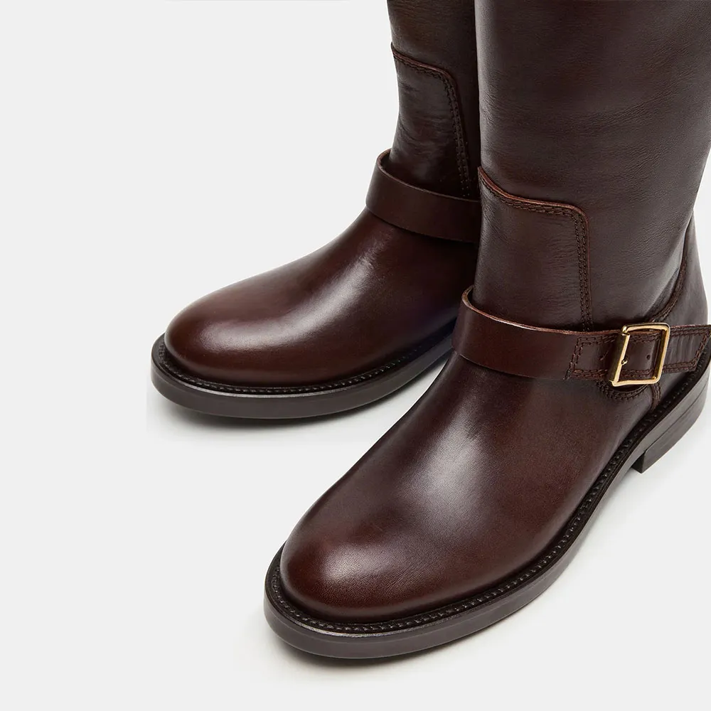 Brown Faux Leather Round Toe Knee High Heeled Boots with Buckle