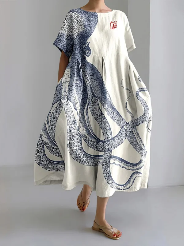 Women's Octopus Japanese Lino Print Short Sleeve Maxi Dress