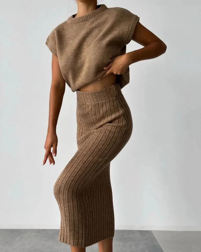 Sleeveless Vest & Knitted Skirt Two-Piece Set