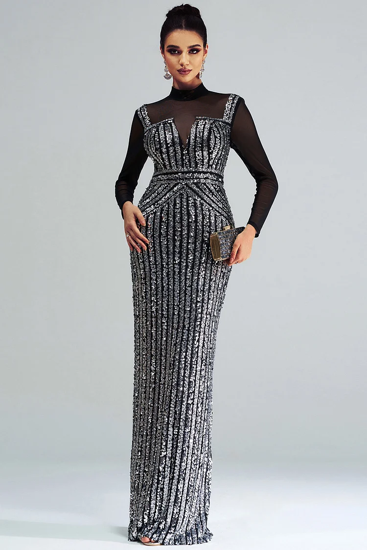 Mesh Patchwork Sequin Long Sleeve Maxi Dress-Black