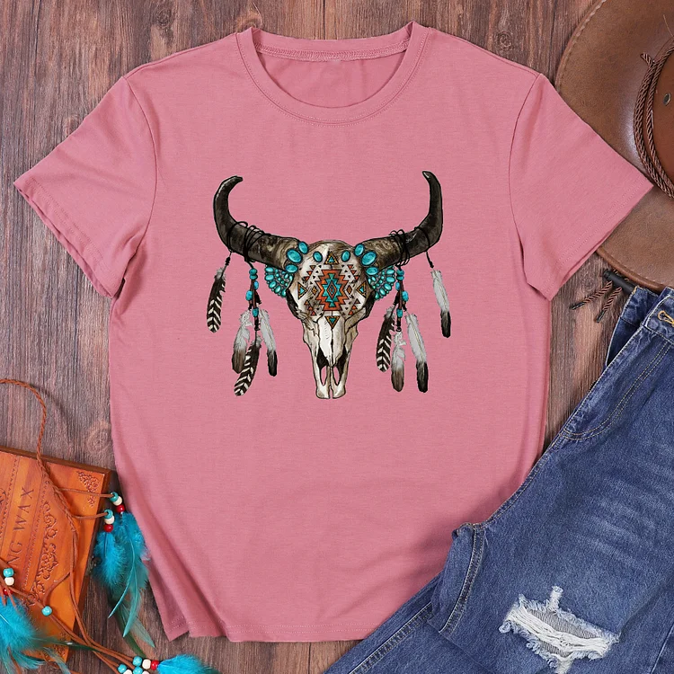 Western Bull Skull Graphic Print T-Shirt-06771-Annaletters