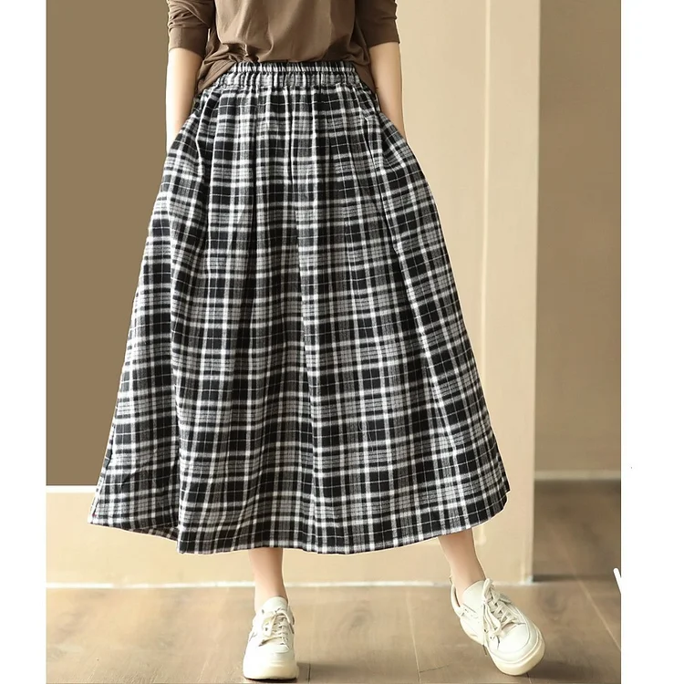 Literary Cotton Plaid Elastic Waist Skirt