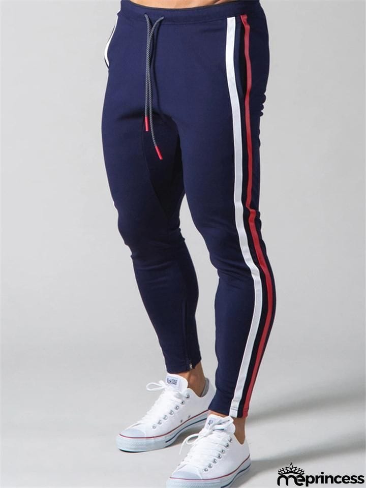 Mens Gym Breahthable Patchwork Running Zipper Pants