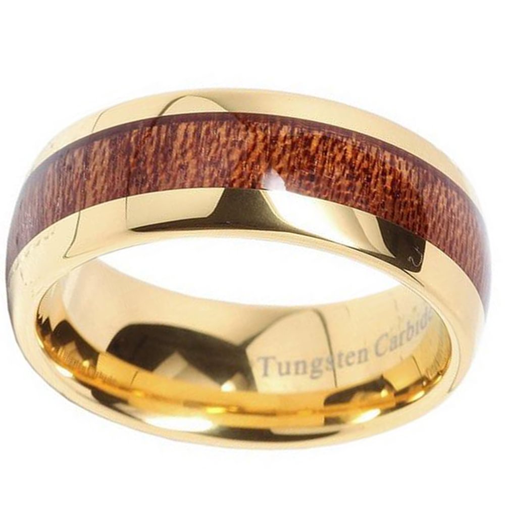 8mm Mens Domed Tungsten Ring Wood Inlay 14k Gold Plated Wedding Band