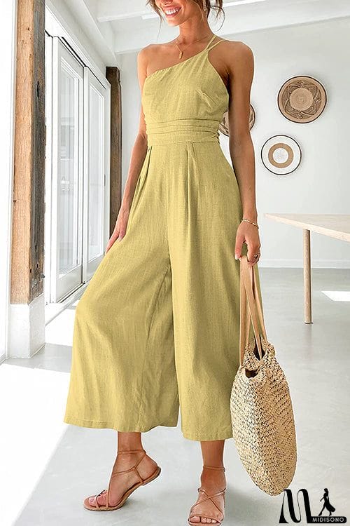 MidiSono - One Shoulder Straps Wide Leg Jumpsuits