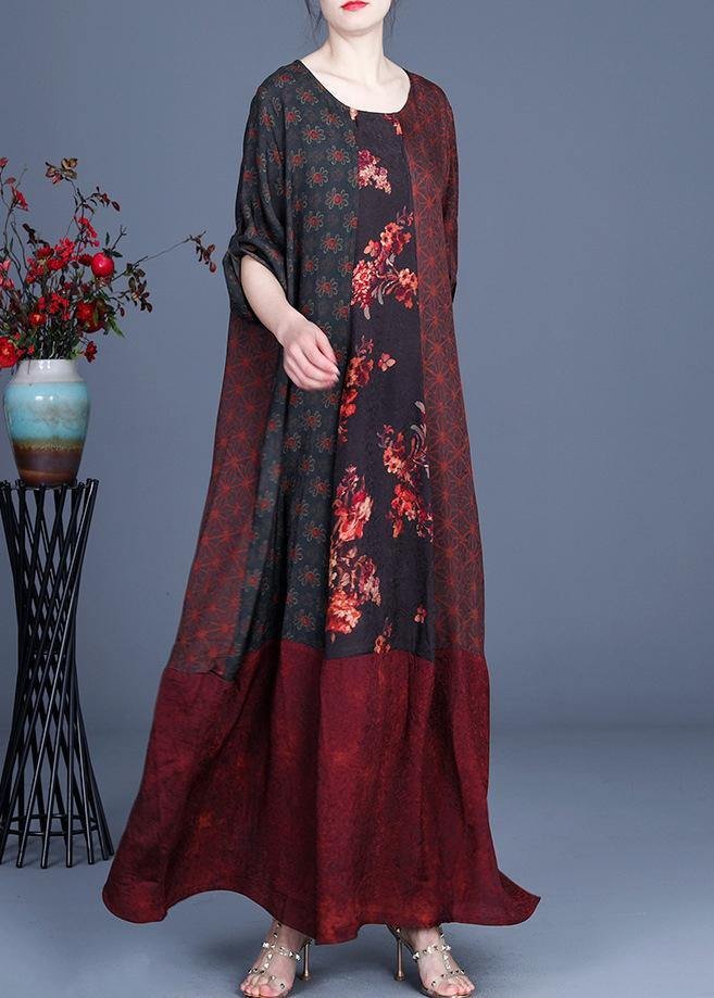 Style Mulberry Print Patchwork Robe Dresses Summer Spring