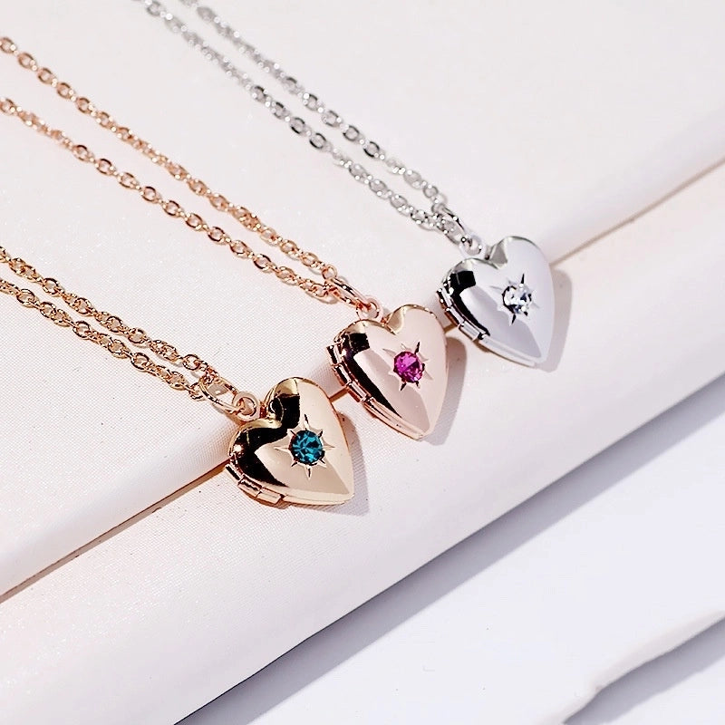 Titanium Steel Copper 18K Gold Plated Rose Gold Plated White Gold Plated Plating Inlay Heart Shape Rhinestones Locket Necklace
