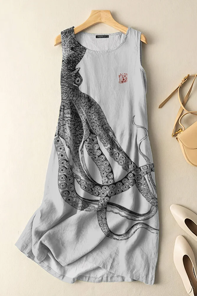 Vintage Japanese Art Octopus Print Sleeveless Cotton And Linen Midi Dress