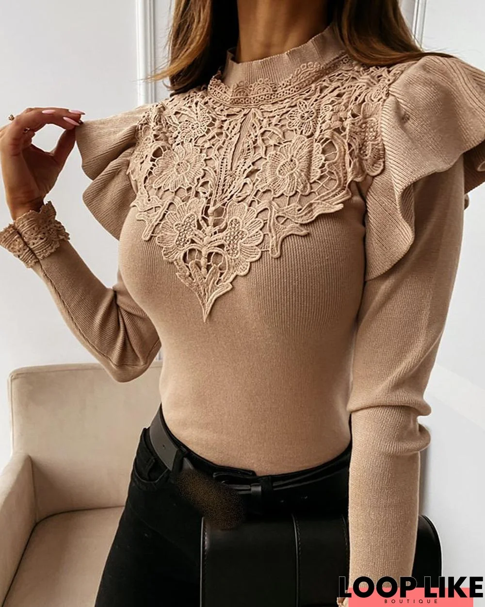 Crochet Lace Ruffles Trim Long Sleeve Sweater