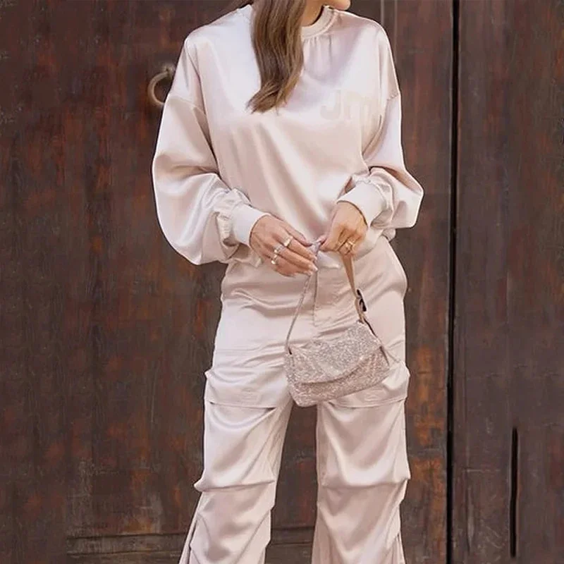 Nigikala Nigikala 2023 New Pure Color Silk Light Round Collar Long Sleeve Top Fashion Cargo Pants Suit