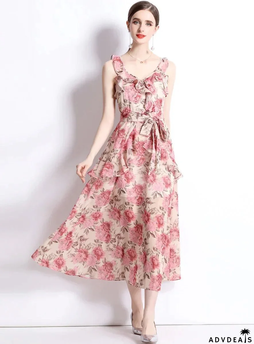 Chiffon Floral Backless Dress for Summer
