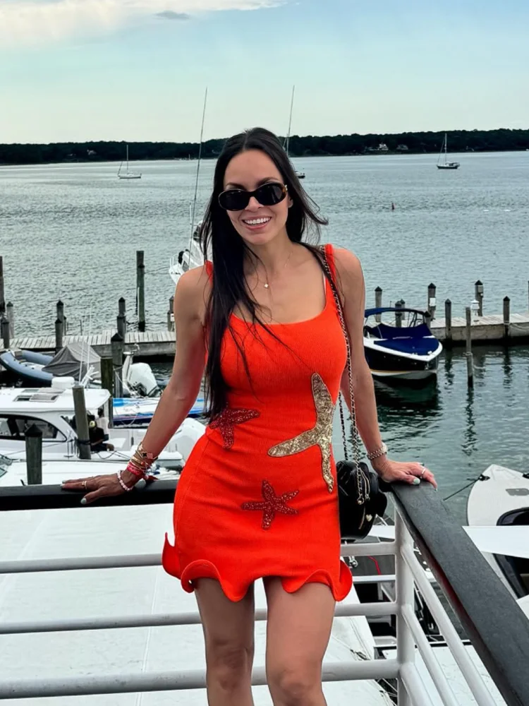 Women's Chic Stunning Shiny Stars Ruffles Hem Slim Fit Sleeveless Knitted Mini Dress