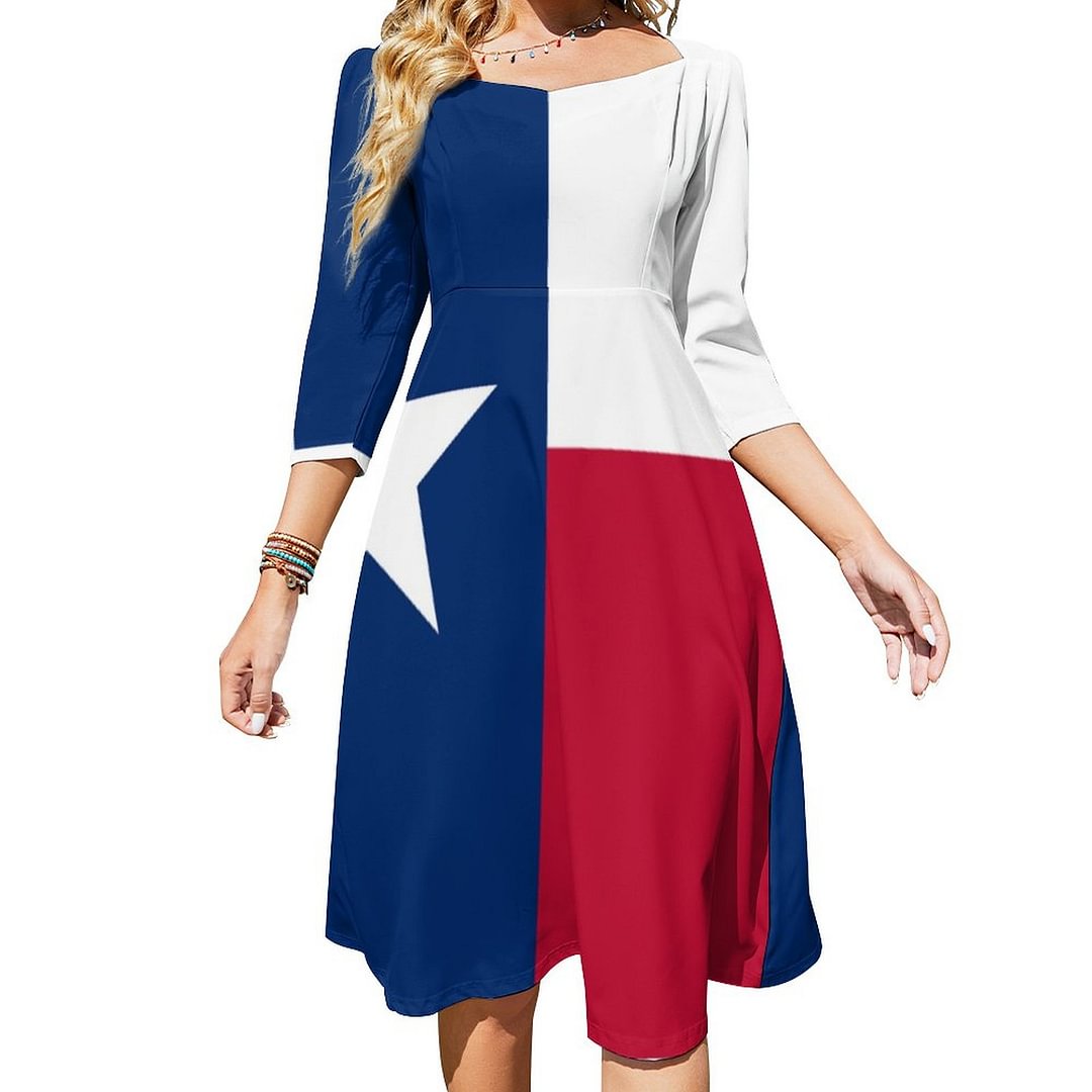 Texas Flag Texan Pride Dress Sweetheart Tie Back Flared 3/4 Sleeve Midi Dresses