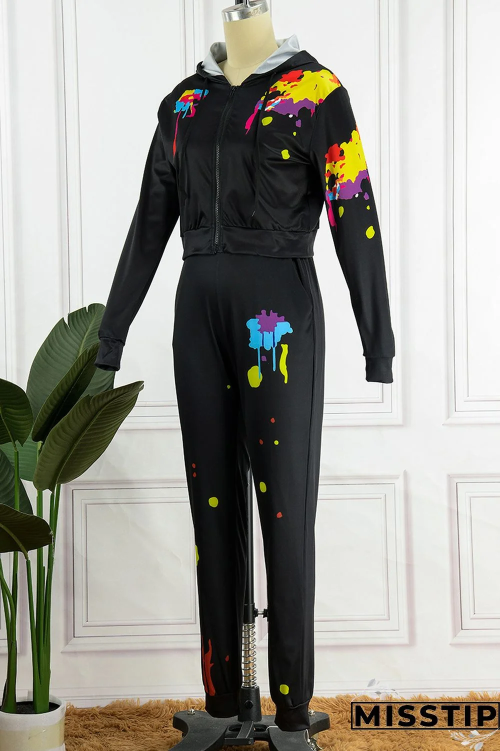 Black Casual Print Basic Hooded Collar Long Sleeve Two Pieces