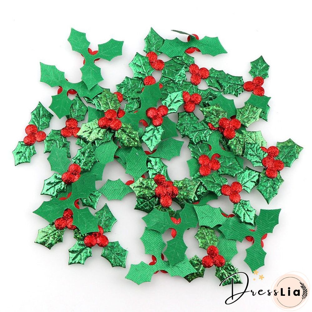 100pcs Glitter Fabric Red Berry Green Holly Leaves Appliques for Christmas Festival Decoration Scrapbook DIY Craft Supply