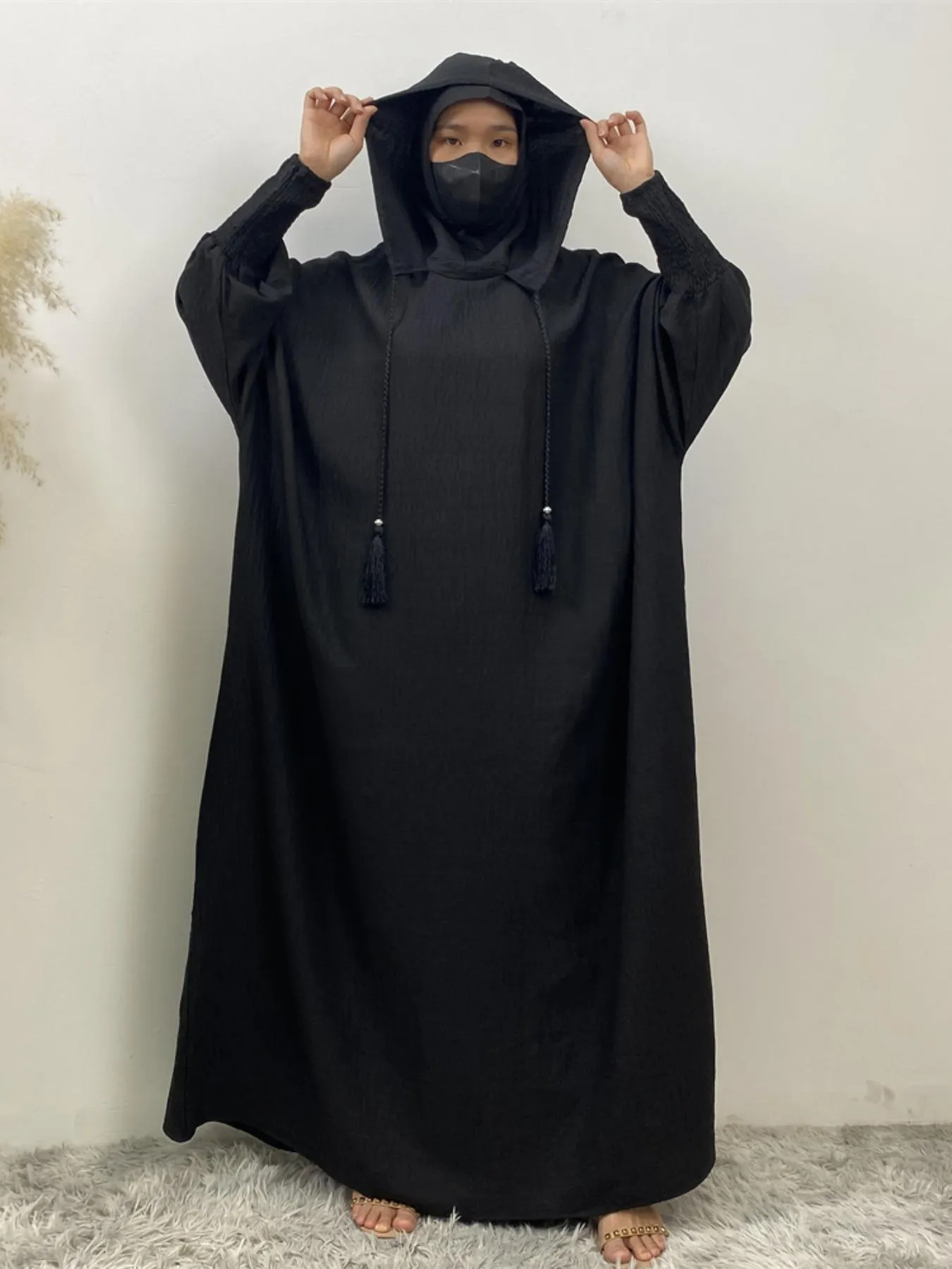 Women's Solid Hooded Dress, Casual Long Sleeve Dress for Fall & Winter, Women's Islamic Clothing for Daily Wear, Modesty Muslim Clothing