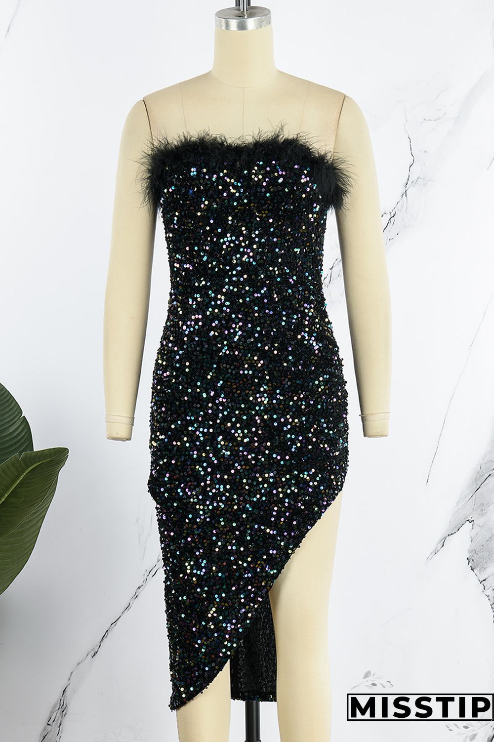 Blue Sexy Patchwork Sequins Backless Slit Strapless Irregular Dress Dresses