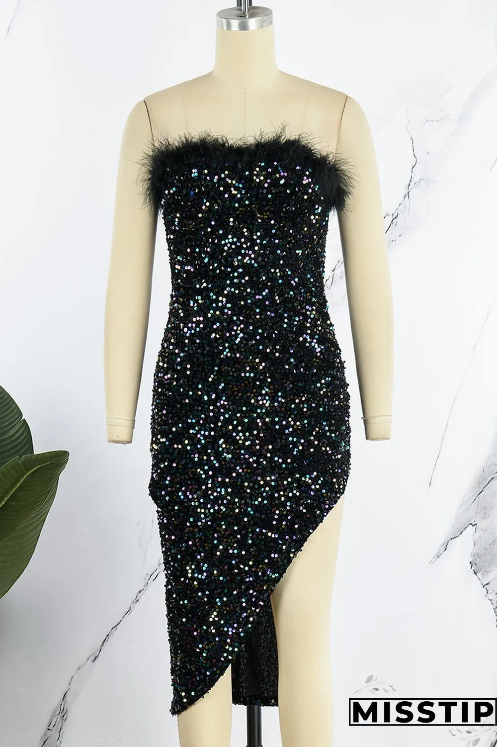 Blue Sexy Patchwork Sequins Backless Slit Strapless Irregular Dress Dresses