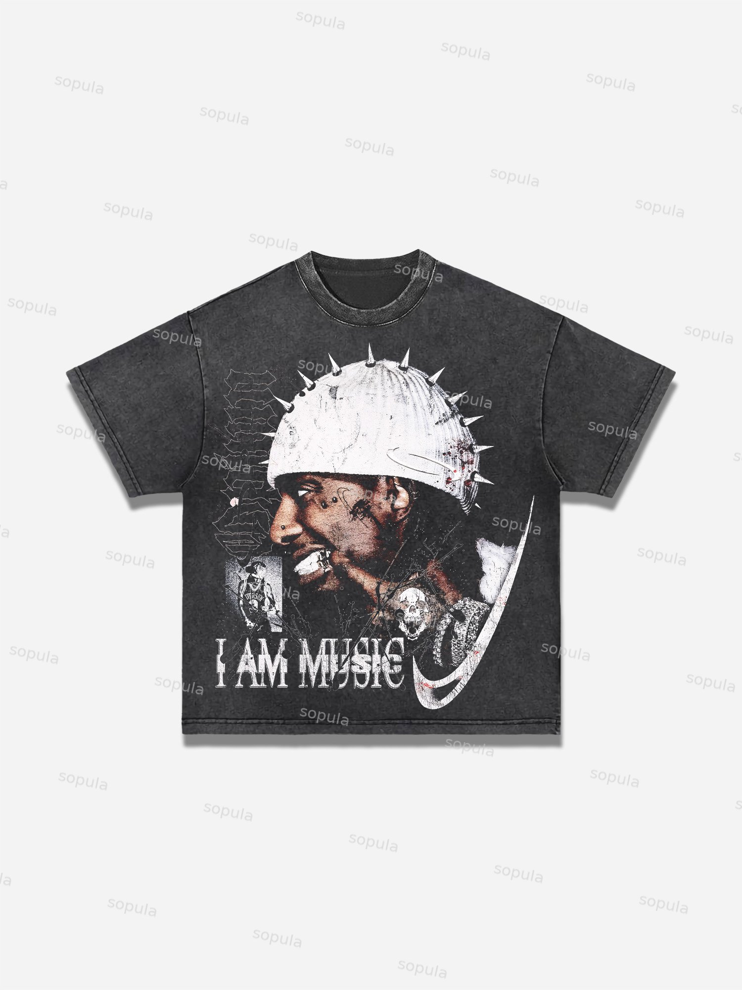 I Am Music Street Portrait Graphic Acid Wash T-shirt - SOPULA