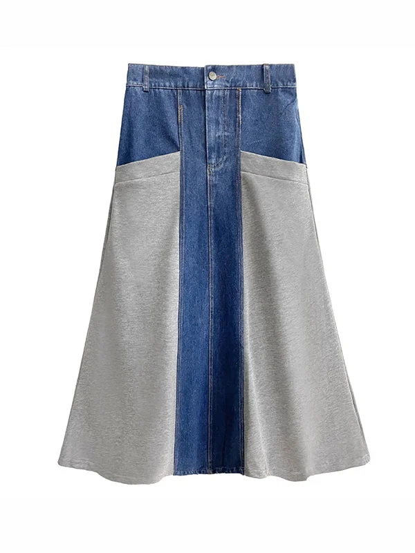 Street Denim Patchwork Black Split-Joint A-Line Skirt