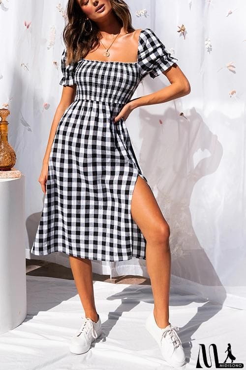 MidiSono - Plaid Square Neck Slit Dress