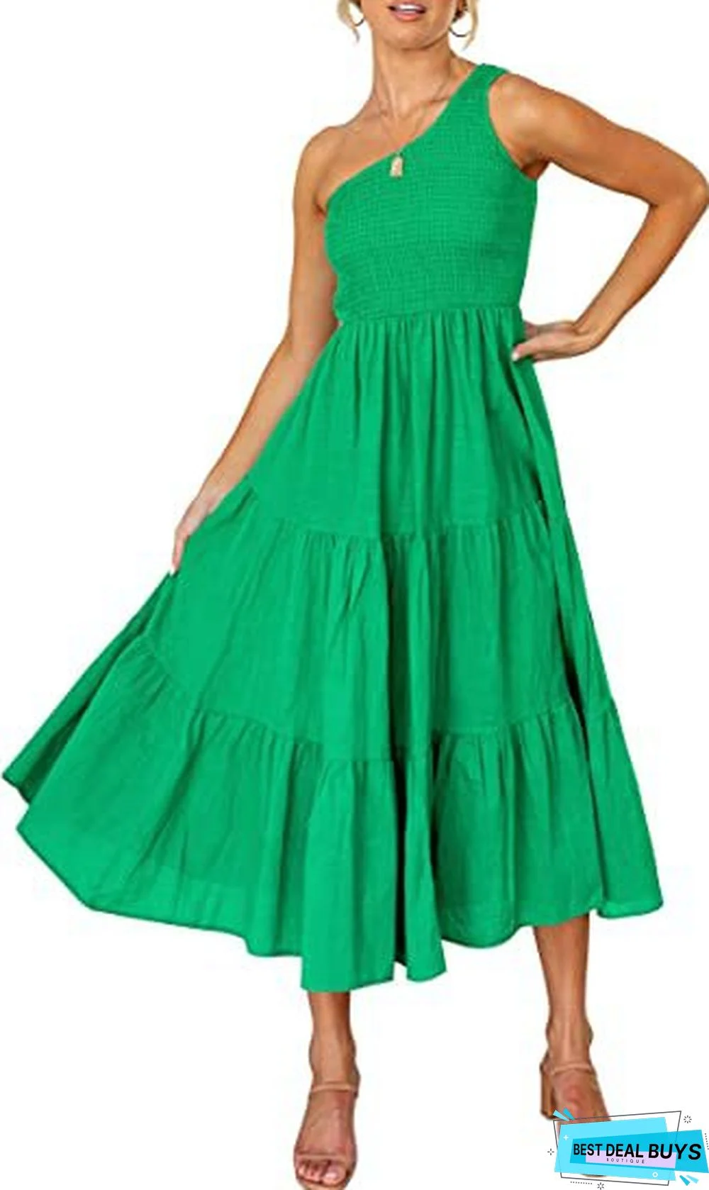 Solid Print Bohemian One Shoulder Sleeveless Dress