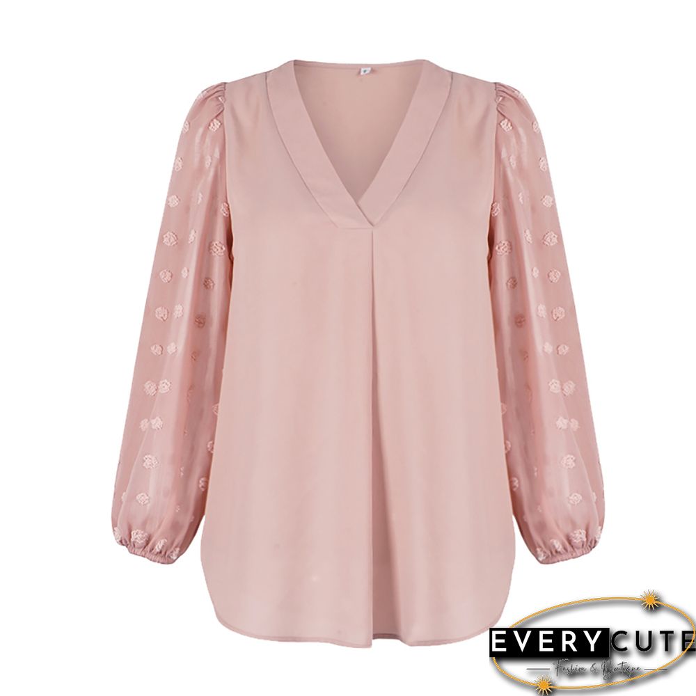 Pink V Neck Chiffon Long Sleeve Blouse