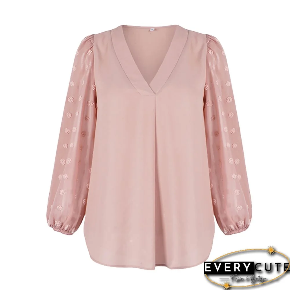 Pink V Neck Chiffon Long Sleeve Blouse