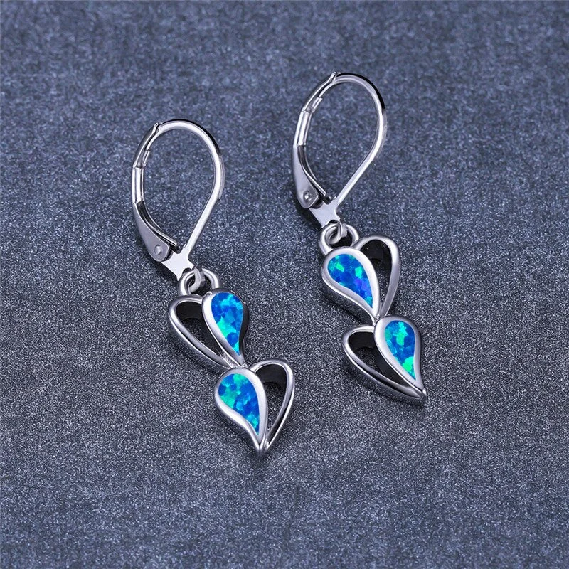 Cute Female Heart Long Dangle Earrings White Blue Opal Stone Drop Earrings Trendy Gold Silver Color Bridal Earrings For Women