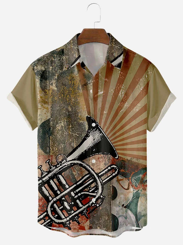 Men's Trumpet Vintage Flared Creative Print Short Sleeve Hawaiian Shirt