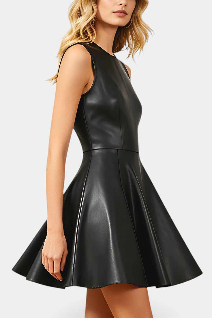 Sleek Sleeveless Faux-Leather Flared Mini Dress