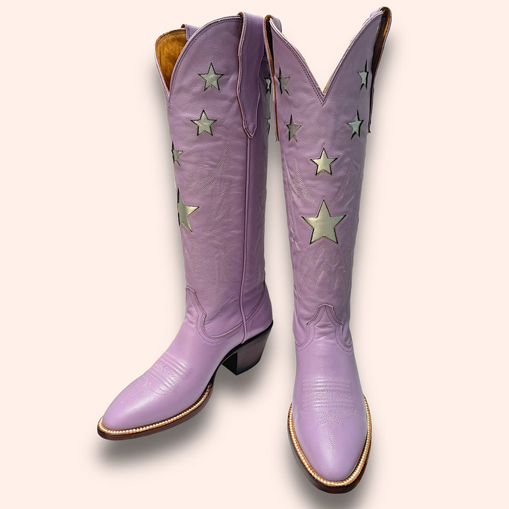 Purple Stars Inlay Stitching Round Toe Knee-High Cowgirl Boots Nicepairs
