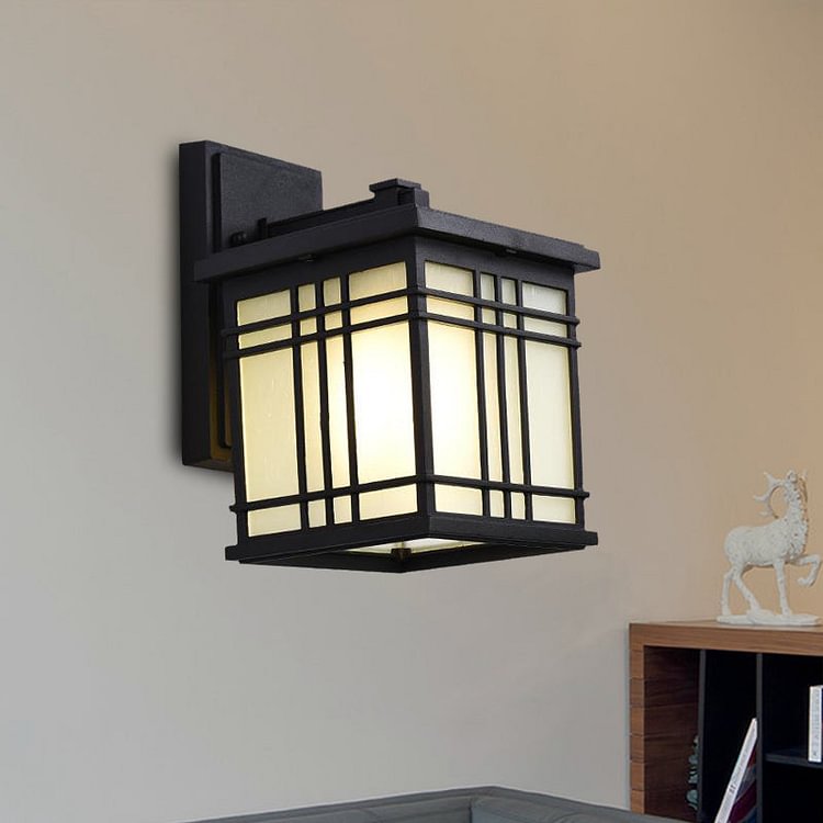 1 Bulb Open Bottom Wall Sconce Rustic Black Aluminum Wall Mount Light with Opal Glass Shade