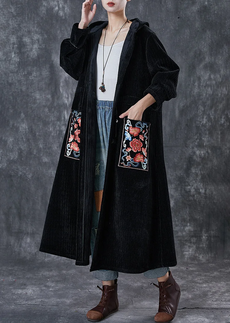 Vintage Black Embroideried Chinese Button Warm Fleece Corduroy Trench Winter