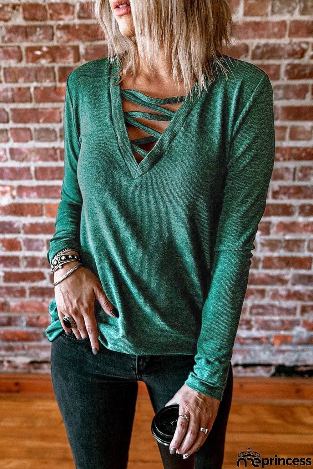 Criss Cross V Neck Long Sleeve Top