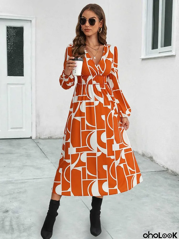 Surplice Neck Long Sleeve Midi Dress