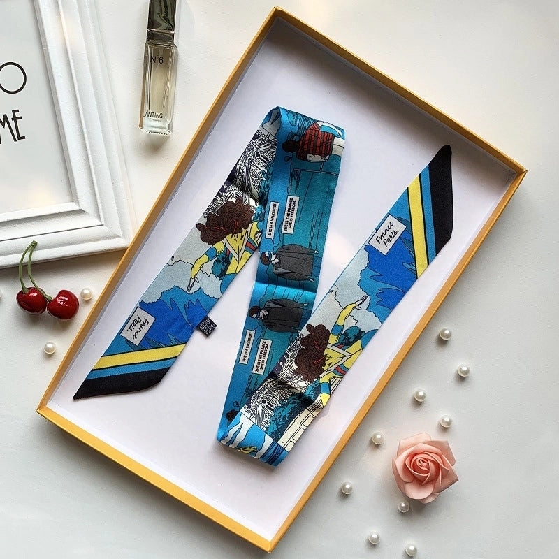 Women’s Minimalist Classic Style Color Block Satin Printing Silk Scarf