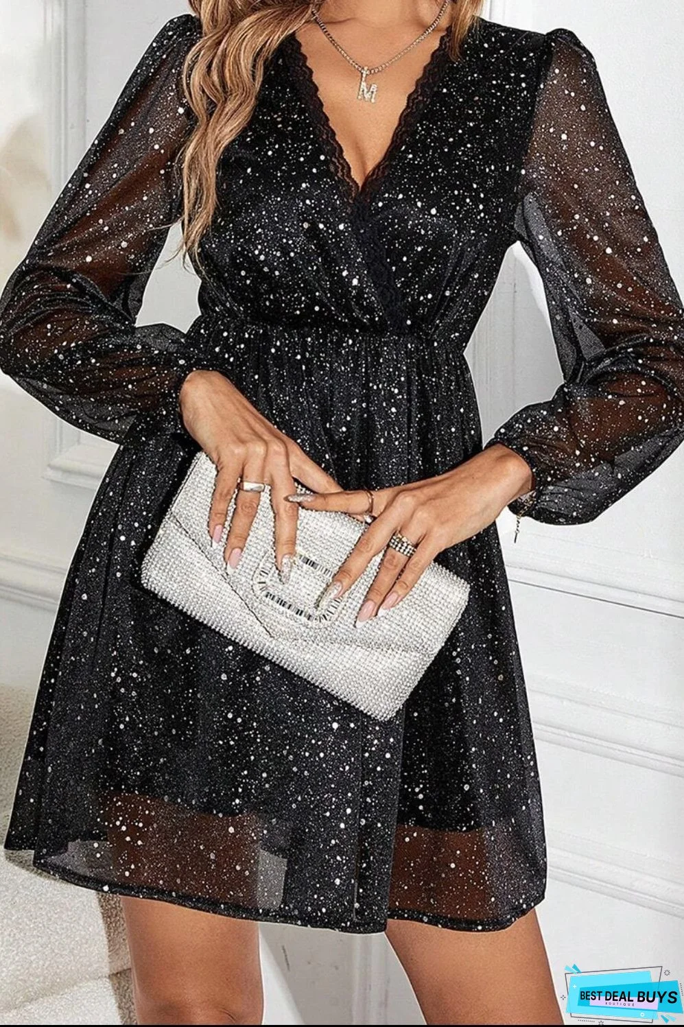 Glitter Surplice Long Sleeve Mini Dress