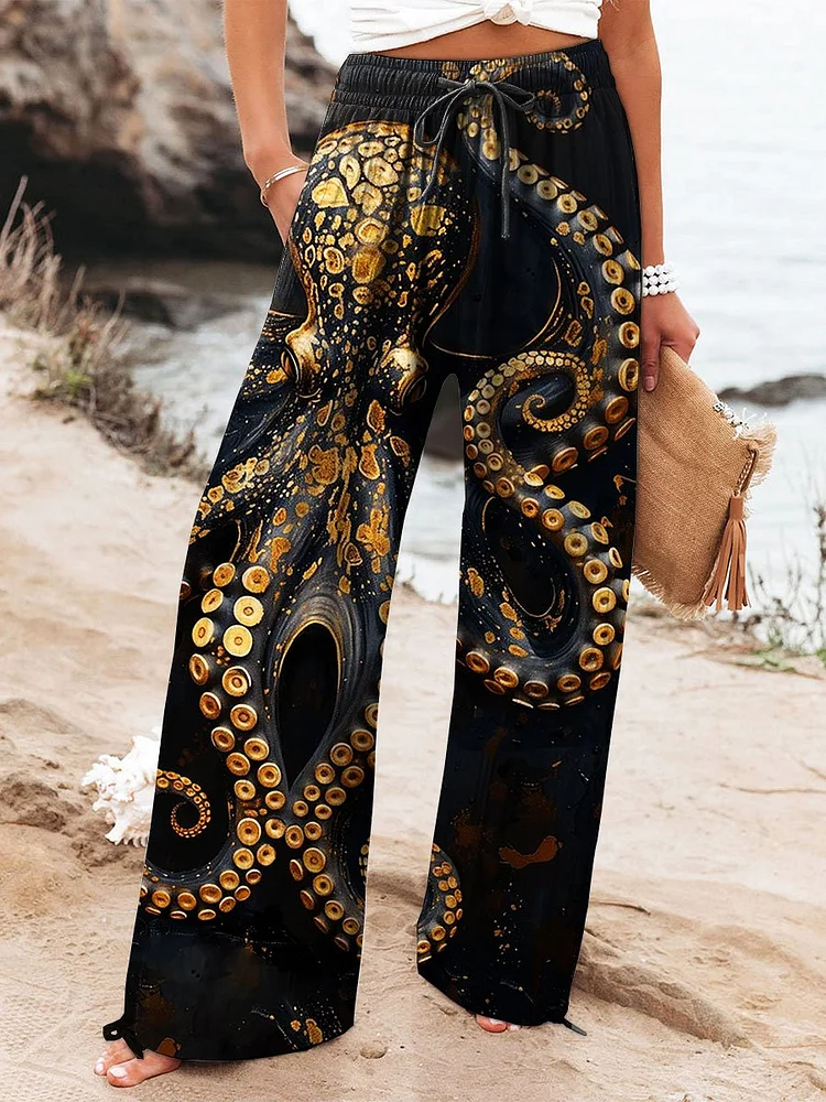 Women's Vintage Octopus Art Print Cotton And Linen Casual Pants