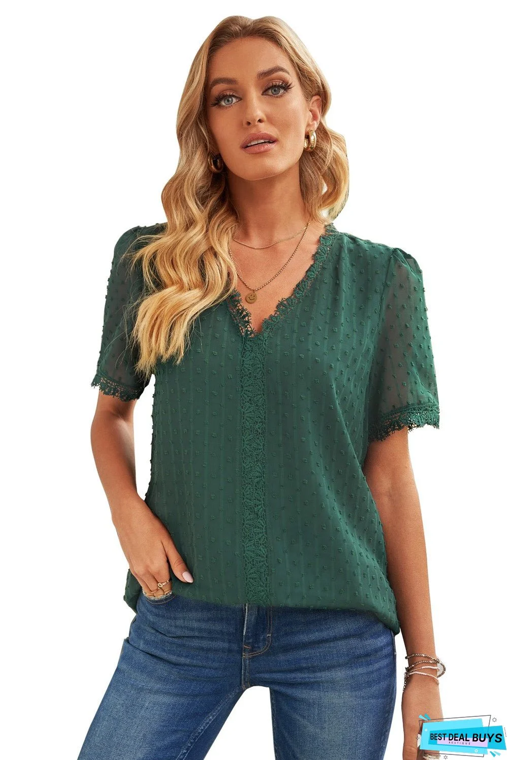 Green Lace Splicing V-Neck Swiss Dot Short Sleeve Blouse