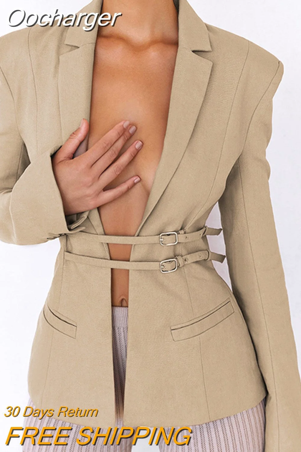 Oocharger Elegant With Waistband Full Sleeve Blazer Women Jacket Autumn Notched Collar Hollow Out Slim Sexy Coat Fashion Top