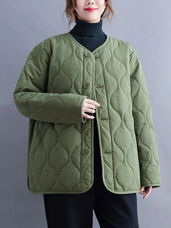 Casual Loose Solid Color Buttoned V-Neck Long Sleeves Padded Coat