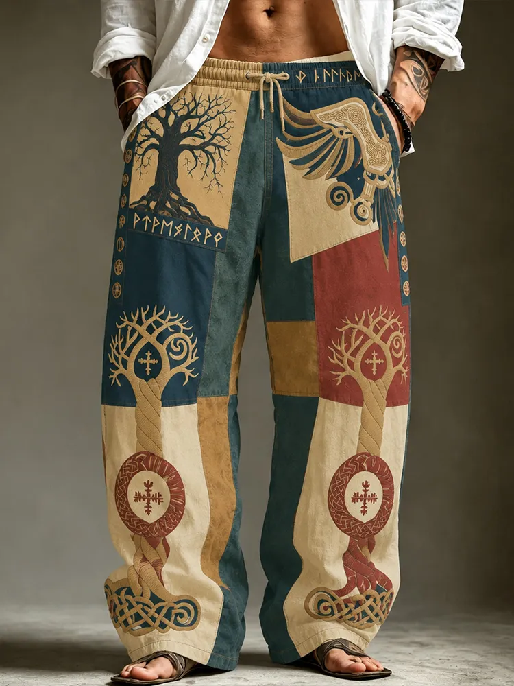 Vintage Distressed Patchwork Viking Celtic Knot Rune Snake Tree Of Life Embroidery Pants For Men