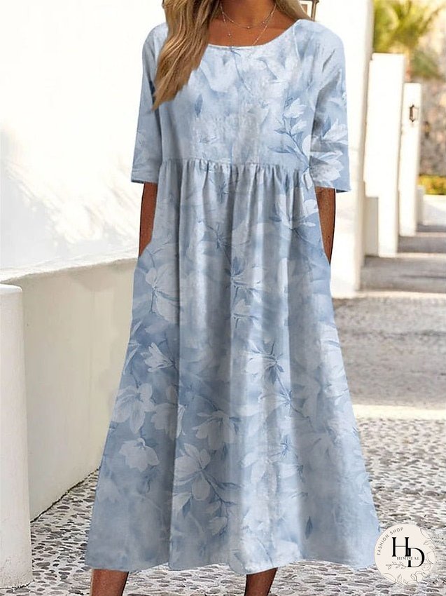 Casual Dress Summer Dress Print Dress Floral Ruched Pocket Crew Neck Midi Dress Fashion Streetwear Outdoor Street Short Sleeve Loose Fit White Blue Dark Blue Summer Spring S M L XL XXL for Women