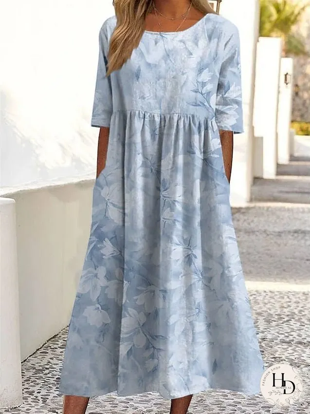Casual Dress Summer Dress Print Dress Floral Ruched Pocket Crew Neck Midi Dress Fashion Streetwear Outdoor Street Short Sleeve Loose Fit White Blue Dark Blue Summer Spring S M L XL XXL for Women