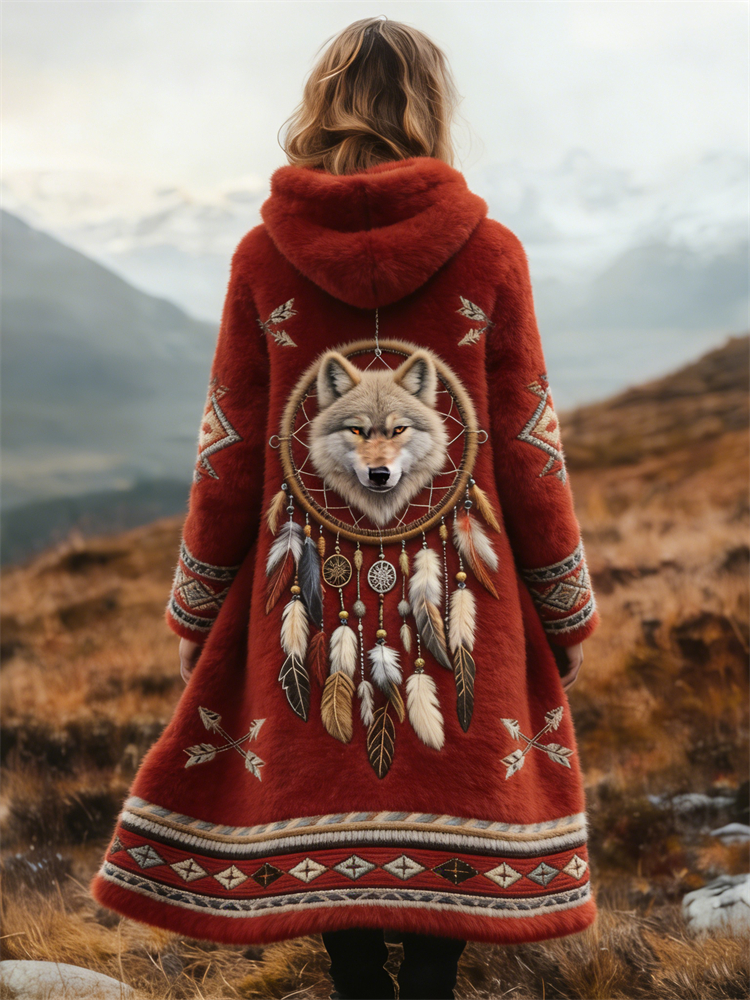 Wolf Dreamcatcher Western Aztec Cozy Hooded Maxi Plush Cardigan wearshes