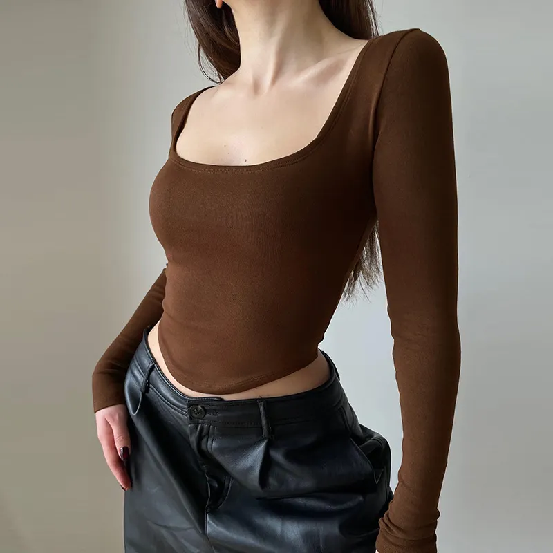 Churchf Churchf Square Collar Long Sleeves With T-Shirt Women's Winter Sexy Crop Slim Short Top
